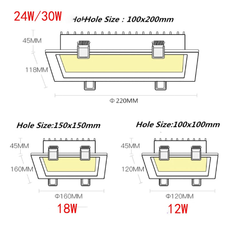 Square downlight embedded LED ultra-thin hole light ceiling grille bold lightAC85~265V  12W 18W 24W 30W