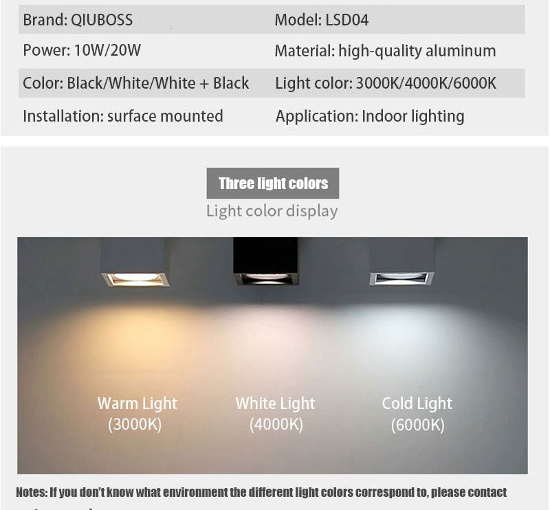 QIUBOSS Dimmable LED Surface Mounted Downlights 220V Led Ceiling Lights 10W 20W Spotlights COB Square Lighting Lamps for Bedroom