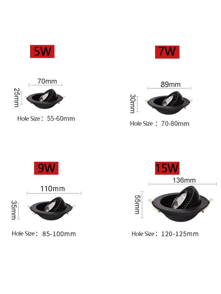 Rotatable Angle LED Recessed Downlight 5W 7W 9W 15W 85-265V LED Ceiling Spot Light 3000K/4000K/6000K Black/White Housing Light