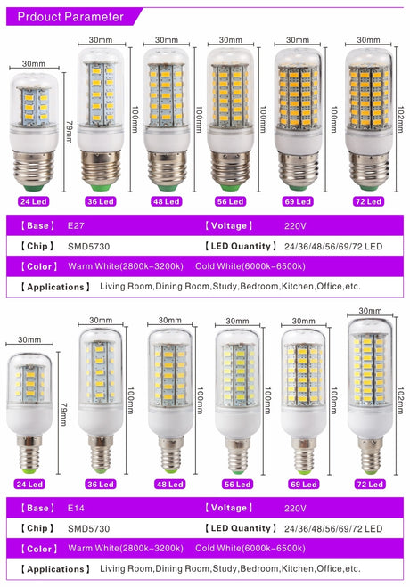 E27 E14 LED Corn Bulb 24 36 48 56 69 72 LEDs SMD 5730 220V Lampasas LED Lamp Chandelier Candle LED Light Bombillas