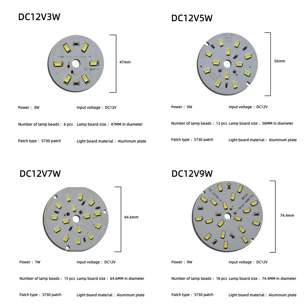 LED Chip 3W 5W 7W 9W 12W 15W 18W 24W 10pcs/lot DC12V Low Voltage White Light Source Round SMD 5730 Lamp board For Downlight