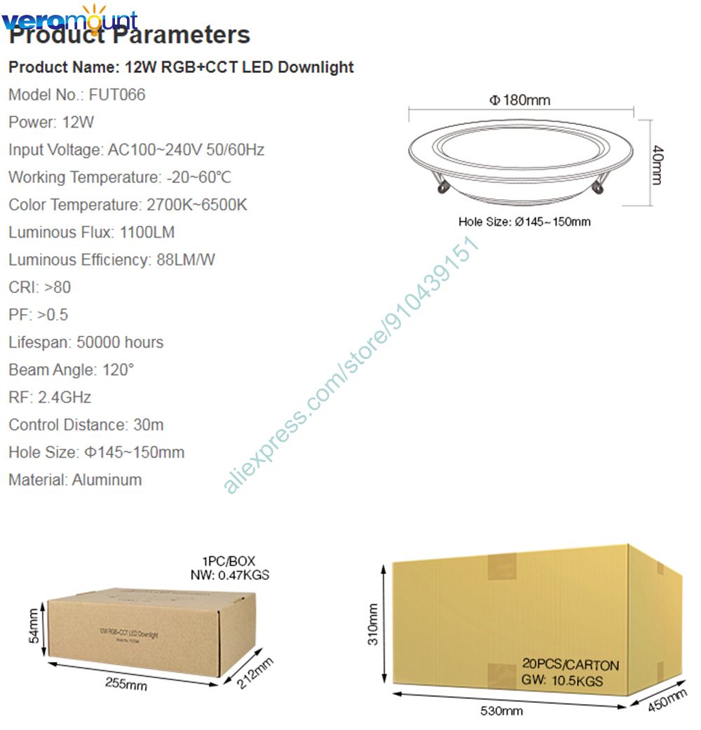 MiBoxer FUT066 12W RGB+CCT LED Downlight AC110V 220V 2.4G RF Wireless Remote WiFi Smartphone APP Alexa Google Voice Control