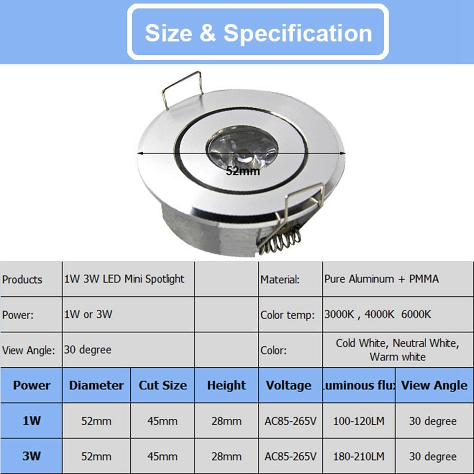 GD 10pcs Mini Spot 3W Dimmable LED Recessed Downlight AC85-265V COB LED Ceiling Spot Light Embedded Spot LED Spotlight + Driver