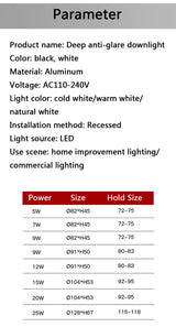 LED COB Recessed Downlight Deep Glare AC110 220V Dimmable 5W 7W 9W 12W 15W 20w 25W Round Black White LED Ceiling Spot Light