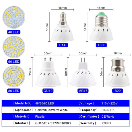 10pcs Lampasas's LED Spotlight Bulb E27 E14 MR16 GU10 B22 220V Bombillas LED Lamp 48 60 80 LED 2835 SMD Lampasas Spot Light 3w 4w 5w
