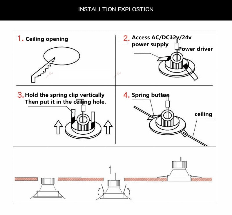 LED aluminum downlight 5w 7w 12w 18w 24w anti-fog anti-glare COB spotlight AC/DC12V 24V embedded ceiling light