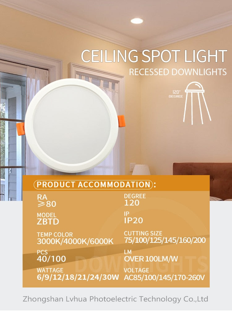 LED recessed downlight 6W 9W 12W 18W warm white cold white led kitchen living room indoor recessed ceiling light 10 assembly