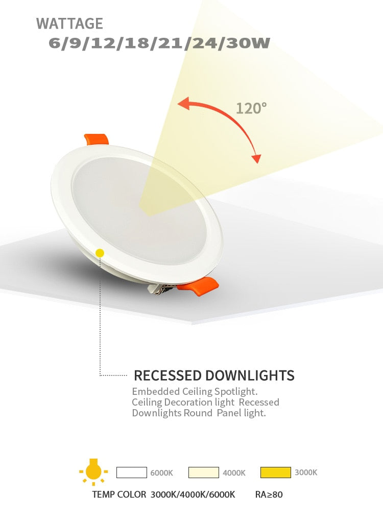LED recessed downlight 6W 9W 12W 18W warm white cold white led kitchen living room indoor recessed ceiling light 10 assembly