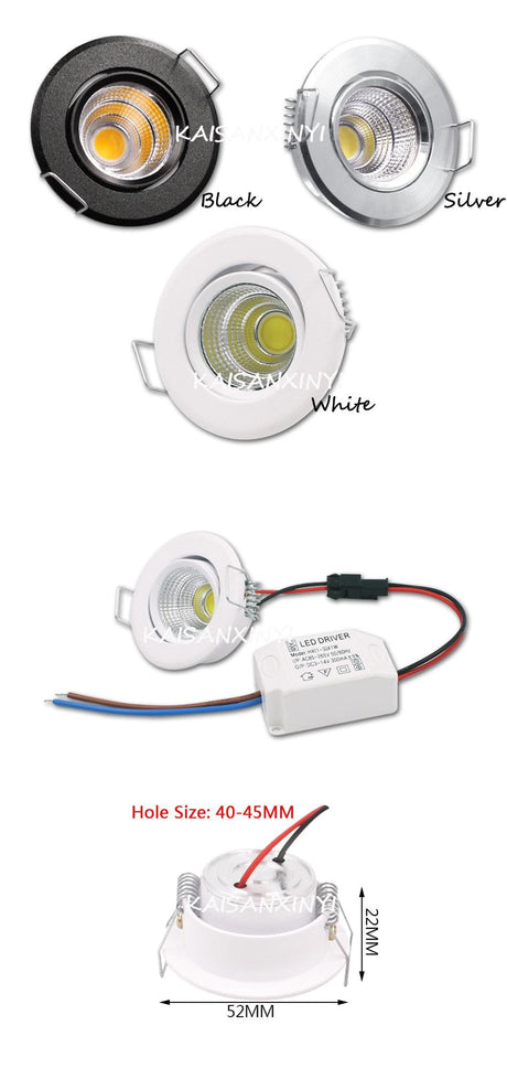 1/5pcs Aluminum Round LED Dimmable Ceiling Downlight 3W AC90-260V  Recessed COB Spot Light Led Bulb With Driver - LED Lights For Sale : Affordable LED Solutions : Wholesale Prices
