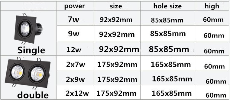Square Dimmable Recessed COB LED Downlights  7W 9W 12W  LED Ceiling Spot Lights AC85-265V LED Ceiling Lamps Indoor Lighting