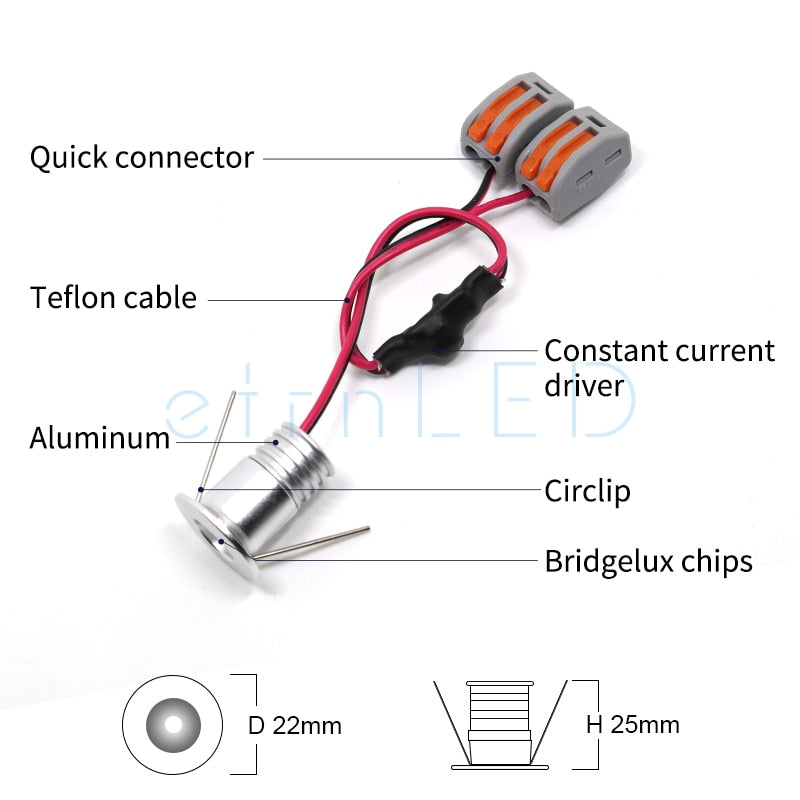 etrnLED Interior Led Spotlights Mini 12V 24V Recessed Ceiling Spot Lamp Hidden Stair Showcase Display Light with Connector 1W