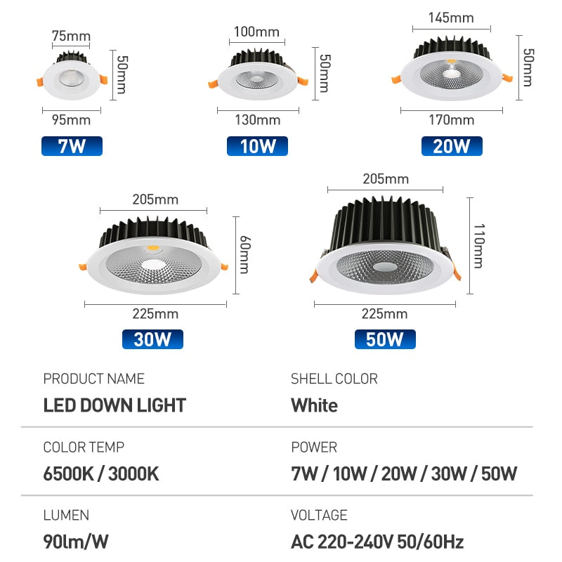High Brightness LED Downlight Recessed Round Aluminum LED Ceiling Lamp 7W 10W 20W 30W 50W Warm Cold White AC220-240V Spotlights