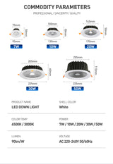 High Brightness LED Downlight Recessed Round Aluminum LED Ceiling Lamp 7W 10W 20W 30W 50W Warm Cold White AC220-240V Spotlights
