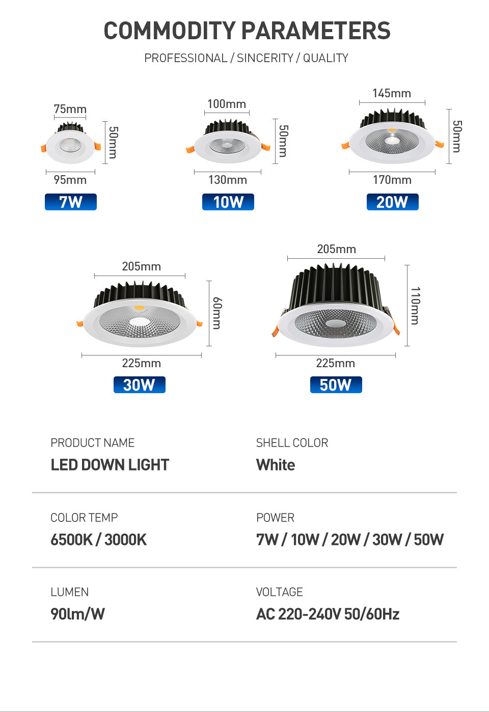 High Brightness LED Downlight Recessed Round Aluminum LED Ceiling Lamp 7W 10W 20W 30W 50W Warm Cold White AC220-240V Spotlights