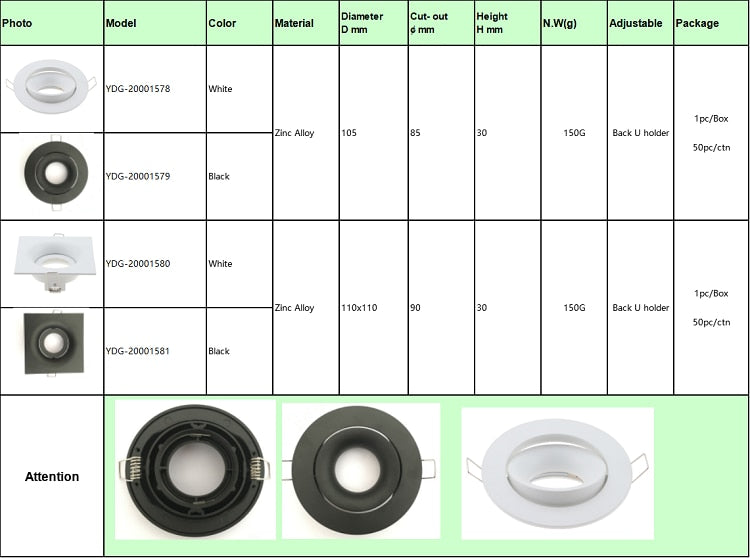 Cutout 90mm Black White Adjustable LED Spot Light Frame Holder GU10 MR16 Retrofit Kit Round Square Led Downlight Fixture Fitting