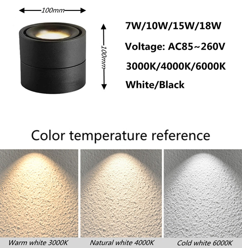 Dimmable COB LED Downlights Surface Mounted LED Ceiling Lamps 7W/10W/15W/18W Foldable And 360° Rotatable Background Spot lights