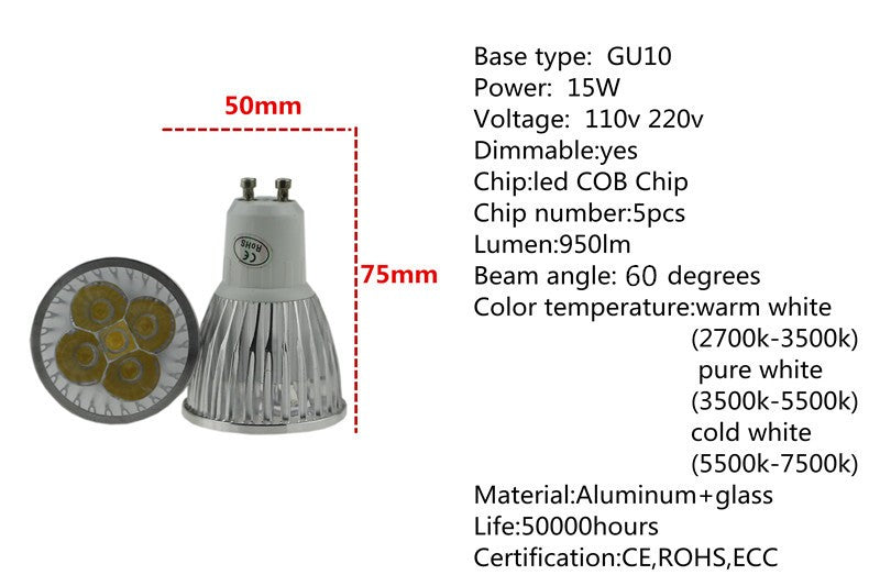 Super Bright 9w 12w 15w GU10 10X LED Bulbs Light 110v 220v Dimmable Led Spotlights warm / Cool White GU10 base LED downlight