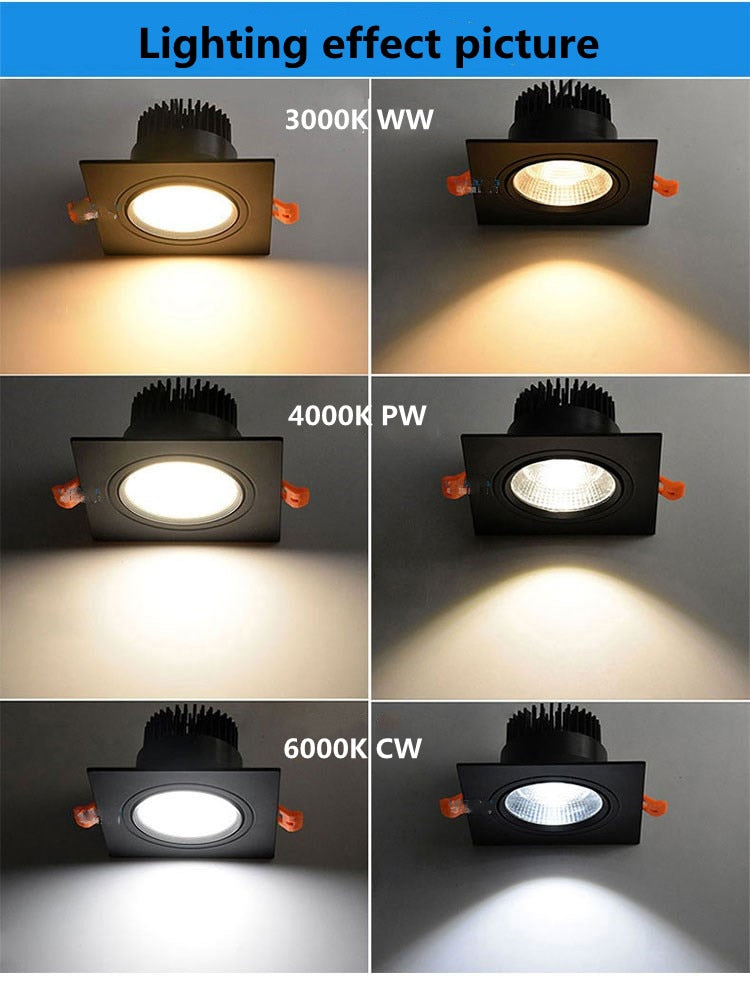 Square LED COB Spot lights Ceiling lamp Dimmable 9W 12W 15W 18W 20W recessed Downlights LED Panel light indoor lighting