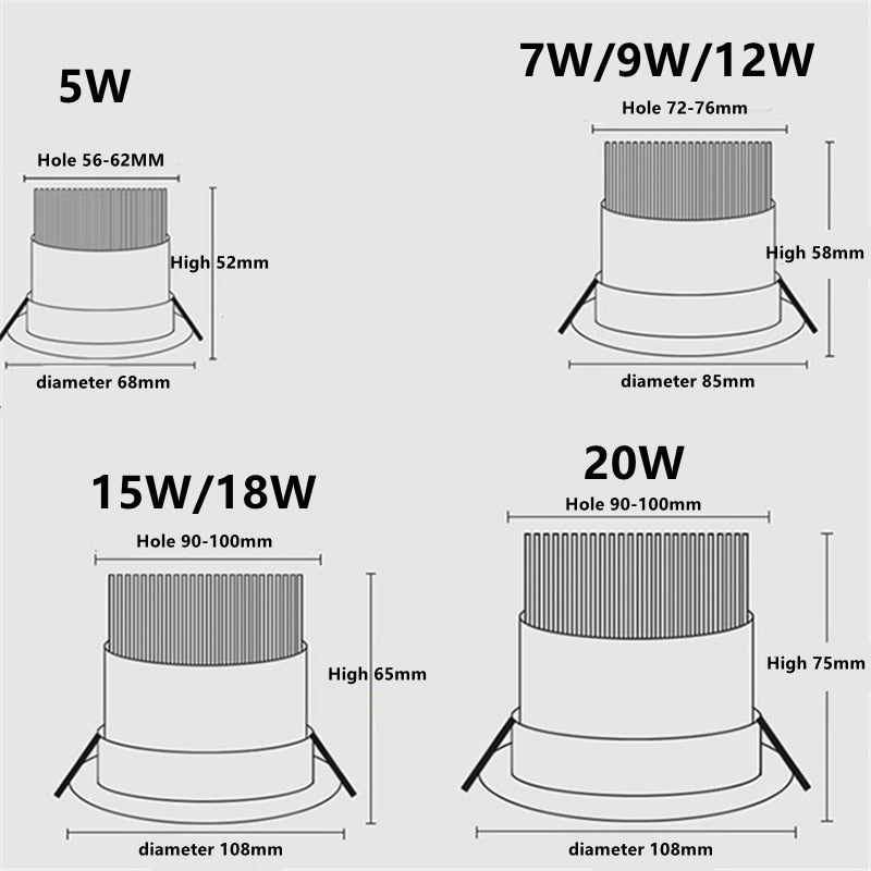 Conversion LED COB Downlight 3000K 4000K 6000K 3-Color Ceiling Spot Light 5W 7W 9W 12W 15W 18W 20W Home Decorative Lighting
