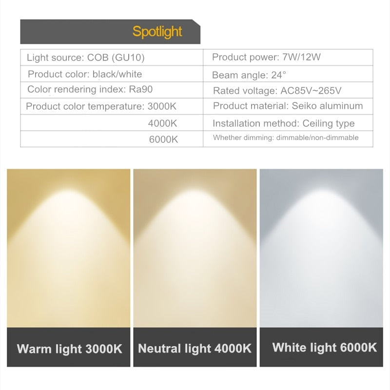 Dimmable creative three-head spotlight 7W/12W round led ceiling home living room surface mounted cob spotlight downlight