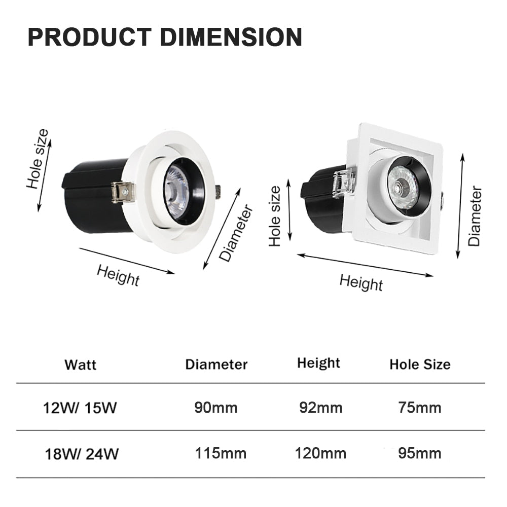 Round Square Adjust Stretchable Recessed 12W 15W 18W 24W COB LED Downlight Ceiling Spotlight Kitchen Living Room Indoor Lighting