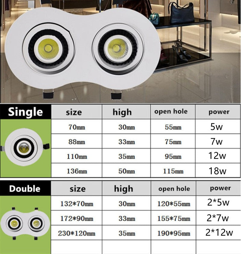 Dimmable Recessed Round LED Downlights  AC85-265V 5w 7w 12w 18w 24ｗ COB Ceiling Warm/Cold White Wash Wall Light RA90