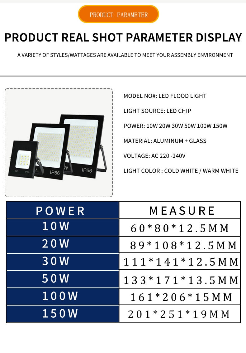 Flood Light Outdoor 10W 20W 30W 50W 100W 150W Wall Floodlight Projector Spotlight Exterior Waterproof Garden Garage Street Lamp