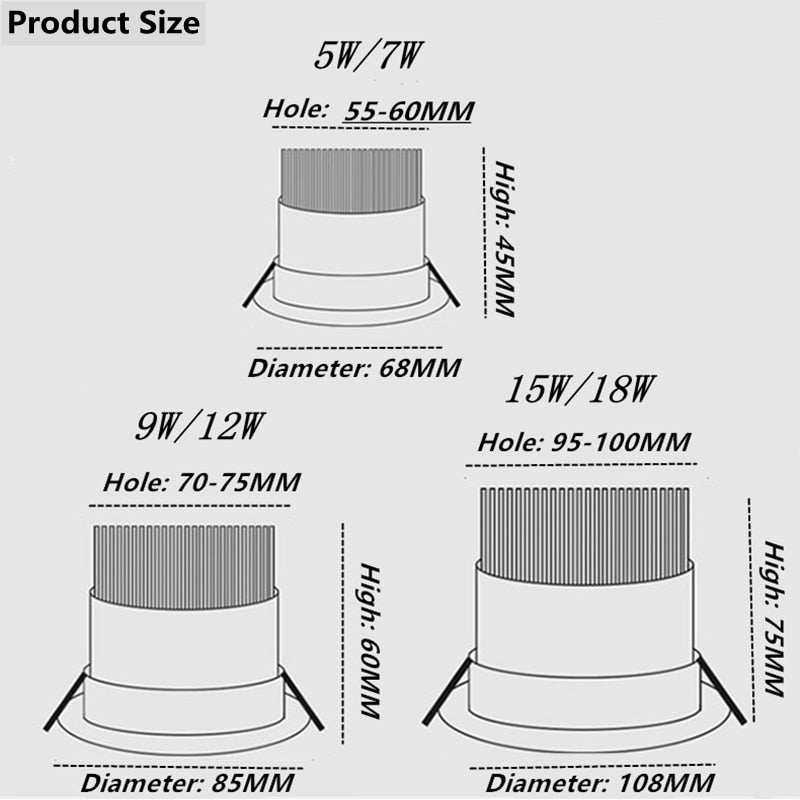 Dimmable Recessed LED Downlights 5W 7W 9W 12W 15W 18W COB LED Ceiling Spotlights ac110V~220V LED Ceiling Lamps Indoor Lighting
