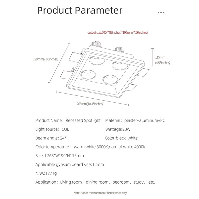 Aisilan LED Recessed Square Four-head Ceiling Plaster Spotlight Embedded Gypsum Downlight 28W Home For Indoor Living room Bedroom