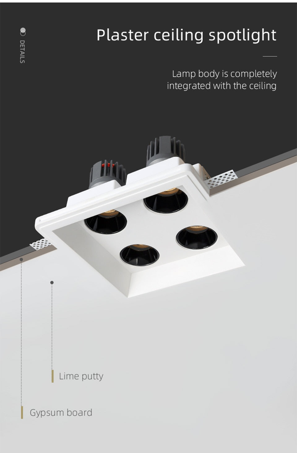 Aisilan LED Recessed Square Four-head Ceiling Plaster Spotlight Embedded Gypsum Downlight 28W Home For Indoor Living room Bedroom