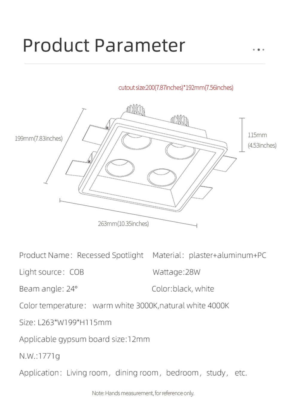 Aisilan LED Recessed Square Four-head Ceiling Plaster Spotlight Embedded Gypsum Downlight 28W Home For Indoor Living room Bedroom