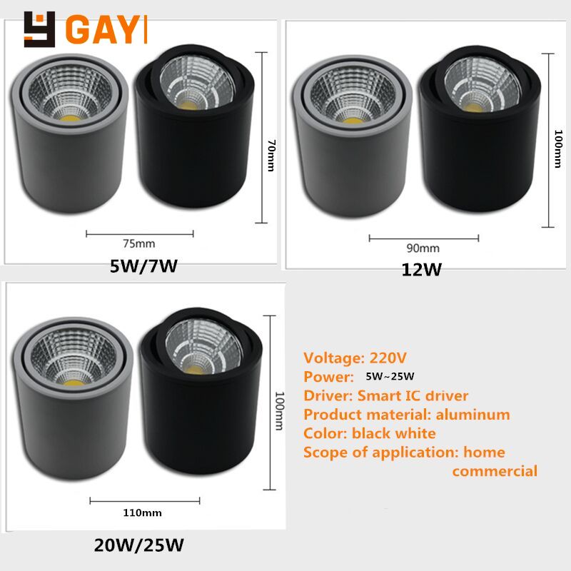 LED Downlight COB Spotlight AC85-265V 5W 7W 12W 20W 25W Adjustable Angle Aluminum Surface Mounted Light Indoor Lighting Dimmable