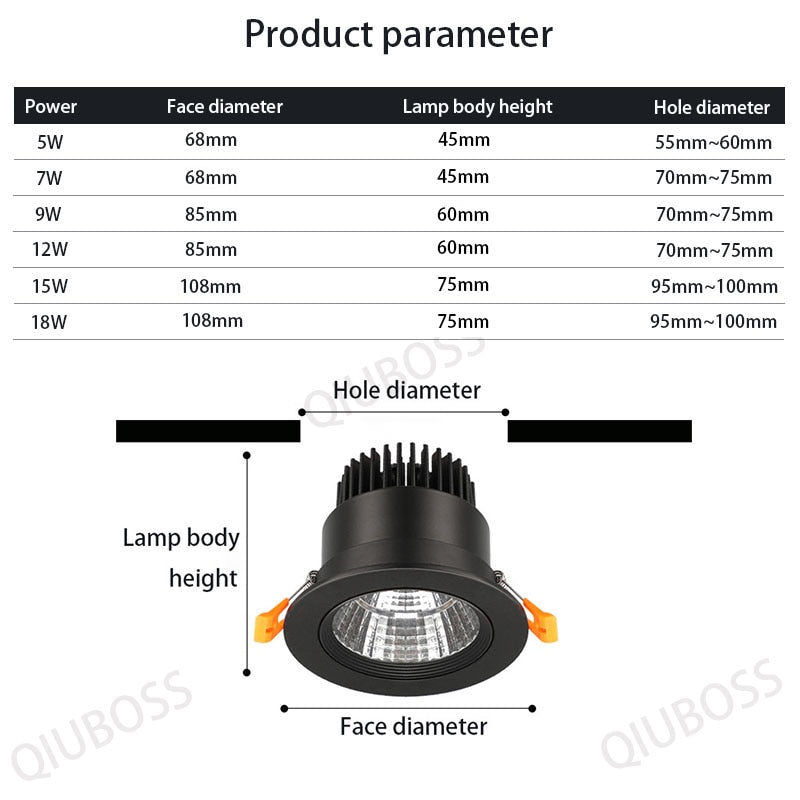 QIUBOSS Recessed LED Downlights 220V 110V Ceiling Light Dimmable LED Spotlights 15W 18W COB LED Lighting Lamp for Bathroom Loft