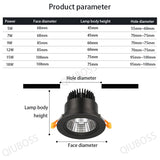 QIUBOSS Recessed LED Downlights 220V 110V Ceiling Light Dimmable LED Spotlights 15W 18W COB LED Lighting Lamp for Bathroom Loft