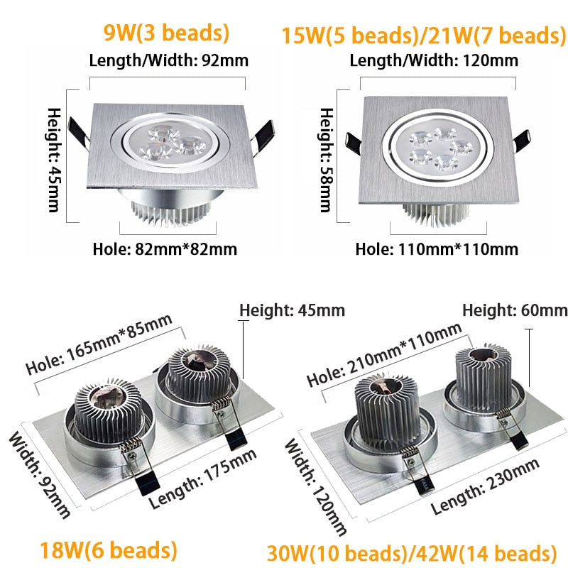 Dimmable Square LED Recessed Downlights COB LED Ceiling Lamp Spot Lights 9W/15W/18W/21W/30W/42W AC85~265V Room Lamps