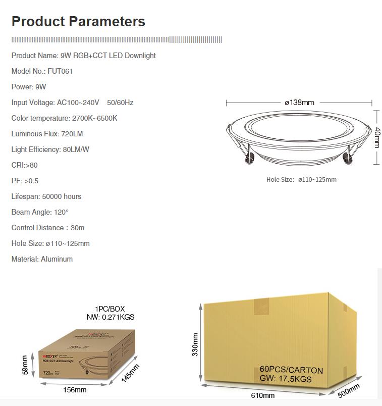 Miboxer FUT061 9W RGB+CCT LED Downlight Dimmable AC220V Recessed Downlight 2700K-6500K Support 2.4GHz Remote/ WiFi APP Control