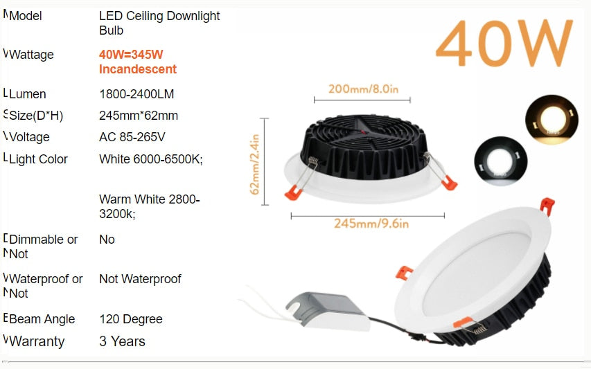 LED Recessed Ceiling Light Fixture Downlight Lamp + Driver Spotlight 6W 8W 12W 15W 27W 40W  Lighting For Home Office Decoration