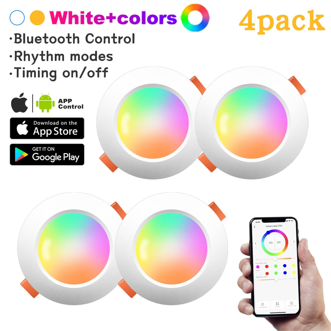Ceiling Lamp Bluetooth-Compatible 4Pack RGB Dimmable Downlight Colorful Spot LED Recessed Round Light Smart Home Luminaire 220V