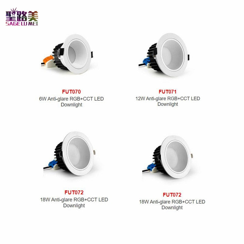 FUT070 FUT071 FUT072 AC100~240V 50/60Hz 6W 12W 18W Anti-glare RGB+CCT LED Downlight Smart Phone APP / Remote / voice control