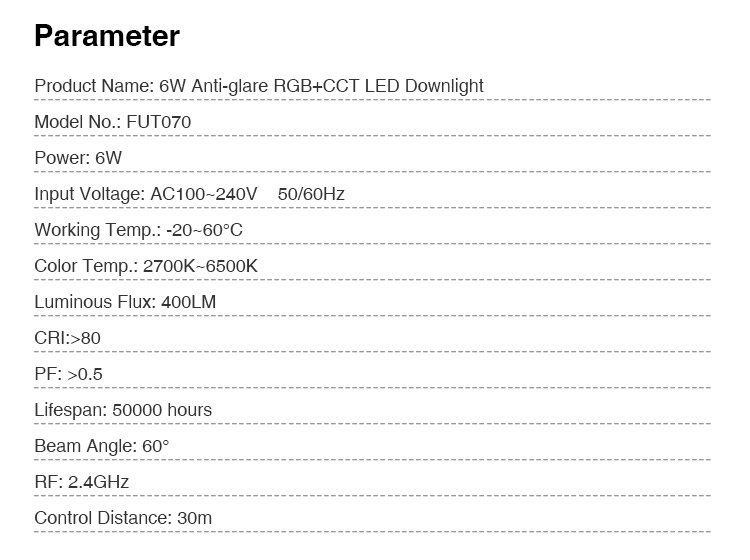 FUT070 FUT071 FUT072 AC100~240V 50/60Hz 6W 12W 18W Anti-glare RGB+CCT LED Downlight Smart Phone APP / Remote / voice control