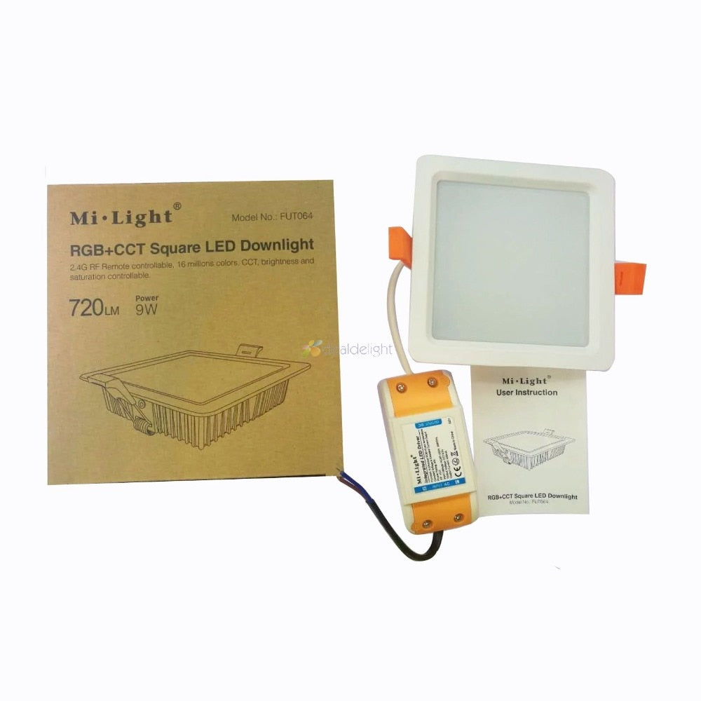 FUT064 Milight 9W RGB+CCT Square LED Downlight AC100~240V,FUT089 8-Zone RGB+CCT Remote Controller WL-Box1 Wifi