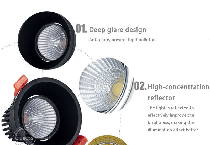 QIUBOSS Dimmable LED Downlights 220V for Living Room Recessed LED Spotlights 7W 15W COB Ceiling Lights Lamp for Bedroom Kitchen