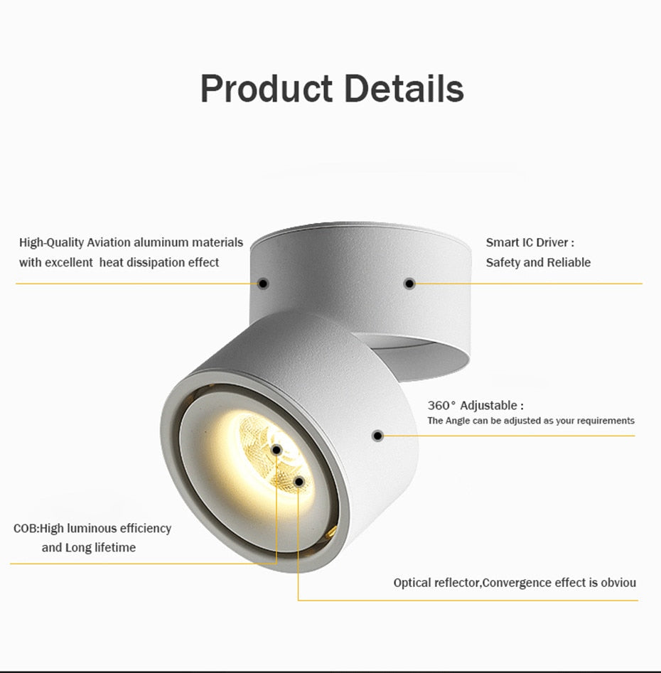 360 Degree Rotatable 90 Degree Folding Surface Mounted Downlight Dimmable 7W 10W 12W 15W Angle Adjust Ceiling Light Home Bedroom