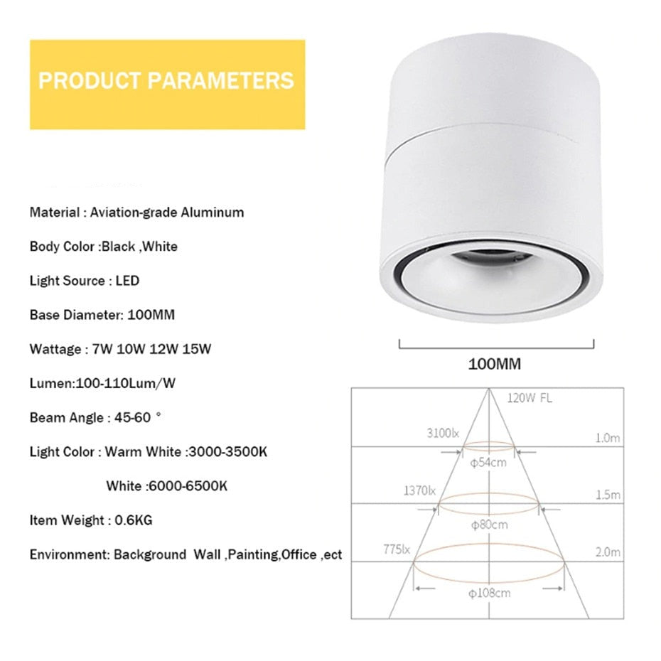 360 Degree Rotatable 90 Degree Folding Surface Mounted Downlight Dimmable 7W 10W 12W 15W Angle Adjust Ceiling Light Home Bedroom