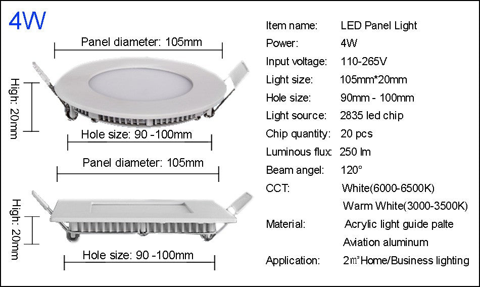 LED Panel Light Led Lights LED Downlight Panel Light Round/Square 3W 6W 9W 12W 15W 18W 24W Recessed