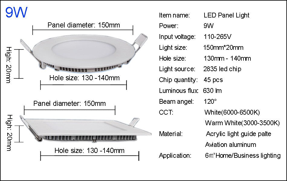 LED Panel Light Led Lights LED Downlight Panel Light Round/Square 3W 6W 9W 12W 15W 18W 24W Recessed