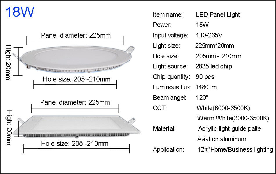 LED Panel Light Led Lights LED Downlight Panel Light Round/Square 3W 6W 9W 12W 15W 18W 24W Recessed
