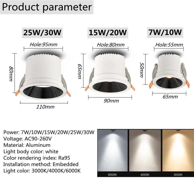 Waterproof led spotlight wall washer light COB ceiling light dimmable 7W~30W home improvement downlight spotlight 110V 220V