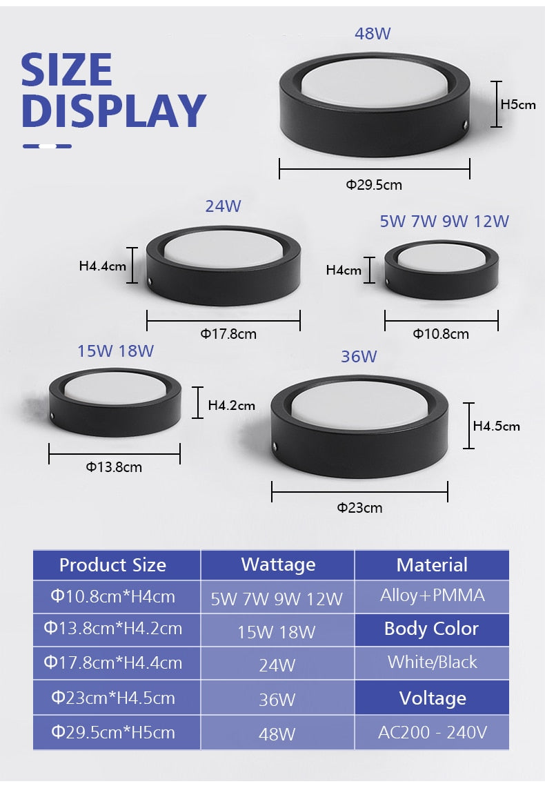 LED Downlight Surface Mounted 15W 18W 12W 7W 9W 5W Round Recessed Lamp 220V 230V for Bedroom Kitchen Indoor Spot Lighting