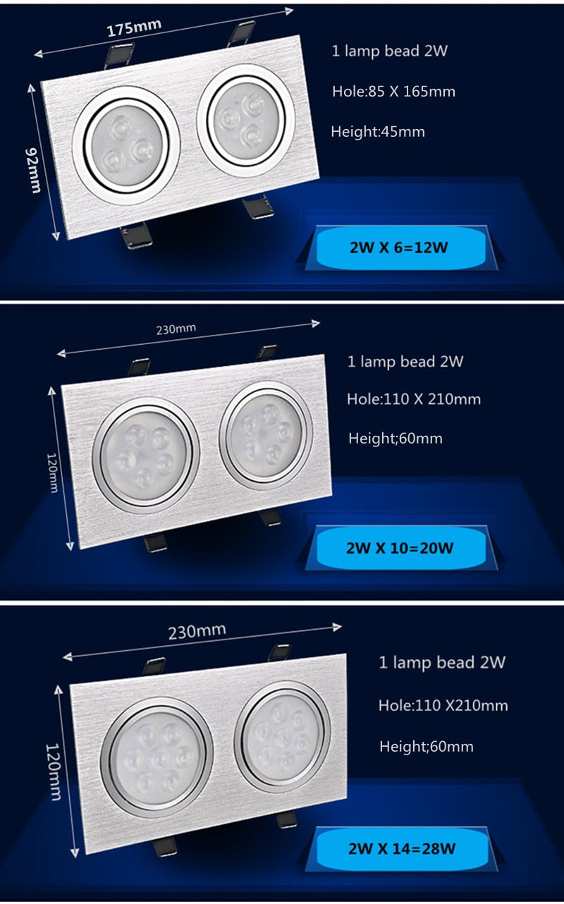 Square double led Ceiling dimmable Epistar 12W/20W/28W  LED ceiling lamp Recessed Spot light AC110V-220V home renovation
